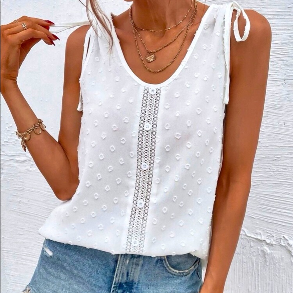 Swiss Dot Contrast Lace Sleeveless Blouse